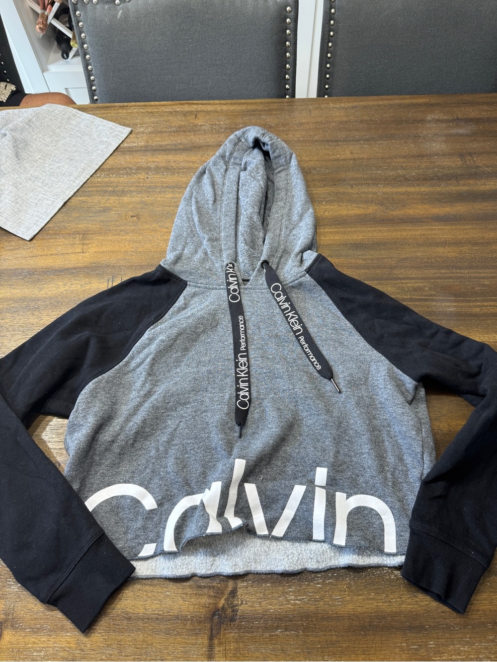 Calvin Klein Gray & Black Hooded Cropped Sweatshirt